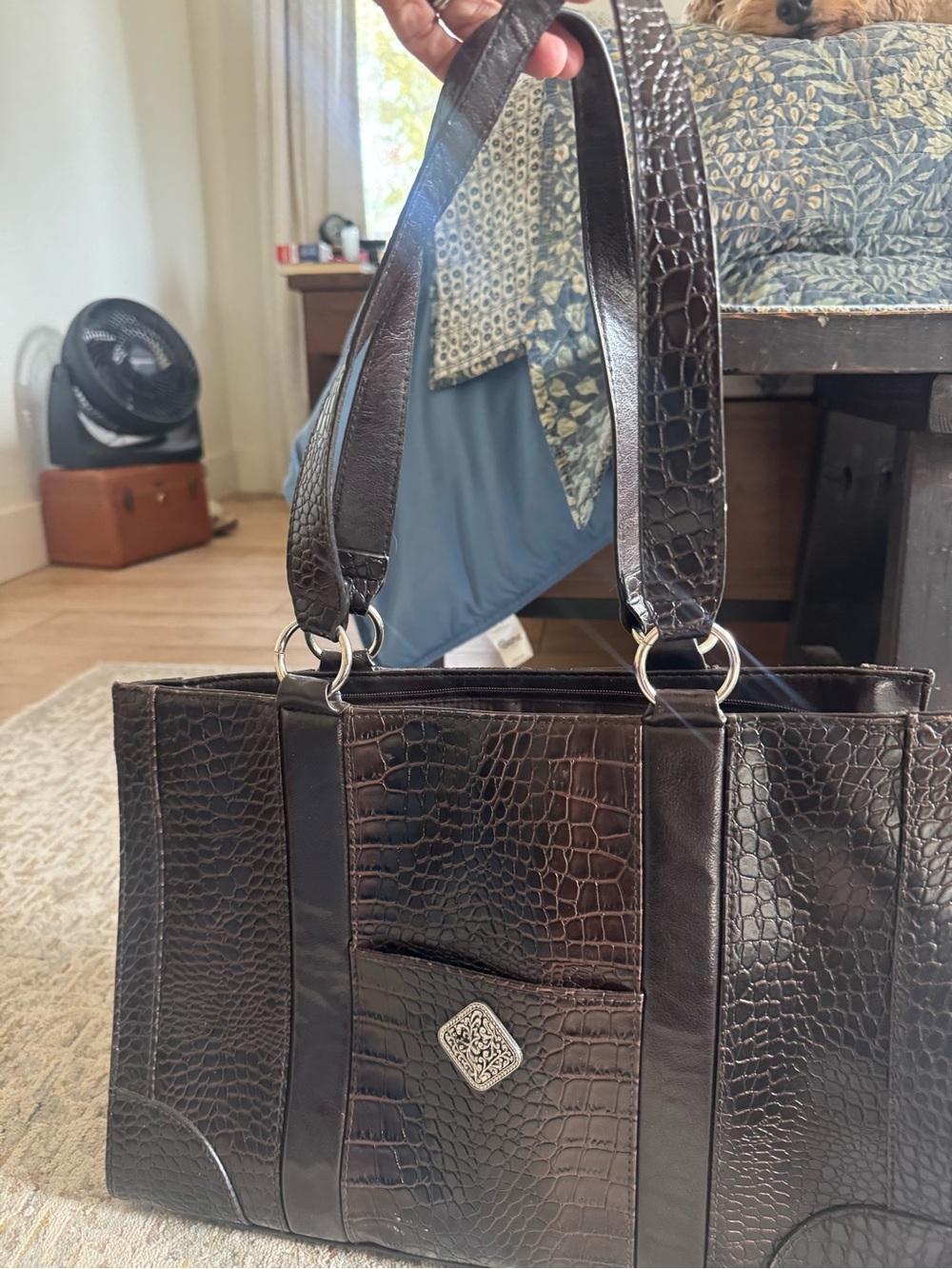 Vintage Coldwater Creek Dark Brown Faux Croc-Embossed Vegan Leather Tote Bag